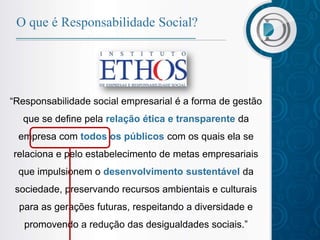 O que é Responsabilidade Social?




“Responsabilidade social empresarial é a forma de gestão
  que se define pela relação ética e transparente da
 empresa com todos os públicos com os quais ela se
relaciona e pelo estabelecimento de metas empresariais
 que impulsionem o desenvolvimento sustentável da
 sociedade, preservando recursos ambientais e culturais
  para as gerações futuras, respeitando a diversidade e
   promovendo a redução das desigualdades sociais.”
 