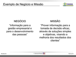 Exemplo de Negócio e Missão MISSÃO “ Prover informação para a tomada de decisão eficaz, através de soluções simples e objetivas, visando a melhoria dos resultados dos clientes” NEGÓCIO “ Informação para a gestão empresarial e para o desenvolvimento das pessoas” 