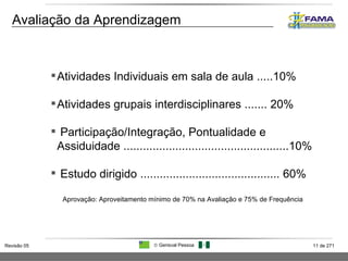 Avaliação da Aprendizagem Atividades Individuais em sala de aula .....10% Atividades grupais interdisciplinares ....... 20% Participação/Integração, Pontualidade e Assiduidade ...................................................10% Estudo dirigido ........................................... 60% Aprovação: Aproveitamento mínimo de 70% na Avaliação e 75% de Frequência 