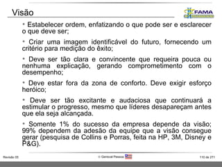 Estabelecer ordem, enfatizando o que pode ser e esclarecer o que deve ser; Criar uma imagem identificável do futuro, fornecendo um critério para medição do êxito; Deve ser tão clara e convincente que requeira pouca ou nenhuma explicação, gerando comprometimento com o desempenho; Deve estar fora da zona de conforto. Deve exigir esforço heróico; Deve ser tão excitante e audaciosa que continuará a estimular o progresso, mesmo que líderes desapareçam antes que ela seja alcançada. Somente 1% do sucesso da empresa depende da visão; 99% dependem da adesão da equipe que a visão consegue gerar (pesquisa de Collins e Porras, feita na HP, 3M, Disney e P&G). Visão 