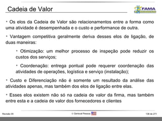 Os elos da Cadeia de Valor são relacionamentos entre a forma como uma atividade é desempenhada e o custo e performance de outra. Vantagem competitiva geralmente deriva desses elos de ligação, de duas maneiras:  Otimização: um melhor processo de inspeção pode reduzir os custos dos serviços; Coordenação: entrega pontual pode requerer coordenação das atividades de operações, logística e serviço (instalação); Custo e Diferenciação não é somente um resultado da análise das atividades apenas, mas também dos elos de ligação entre elas. Esses elos existem não só na cadeia de valor da firma, mas também entre esta e a cadeia de valor dos fornecedores e clientes Cadeia de Valor 