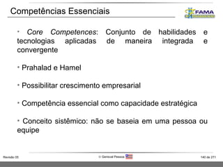 Competências Essenciais Core Competences : Conjunto de habilidades e tecnologias aplicadas de maneira integrada e convergente Prahalad e Hamel Possibilitar crescimento empresarial Competência essencial como capacidade estratégica Conceito sistêmico: não se baseia em uma pessoa ou equipe 