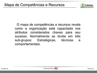 Mapa de Competências e Recursos  O mapa de competências e recursos revela como a organização está capacitada nos atributos considerados chaves para seu sucesso. Normalmente se divide em três sub-grupos: Estratégicas, técnicas e comportamentais. 