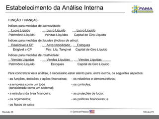 Estabelecimento da Análise Interna FUNÇÃO FINANÇAS Índices para medidas de  lucratividade : Lucro Líquido  ,  Lucro Líquido  ,   Lucro Líquido Patrimônio Líquido   Vendas Líquidas   Capital de Giro Líquido Índices para medidas de  liquidez (índices de ativo) : Realizável a CP  ,  Ativo Imobilizado  ,   Estoques Exigível a CP   Patr. Líq. Tangível  Capital de Giro Líquido Índices para medidas de  rotatividade : Vendas Líquidas  ,  Vendas Líquidas  ,   Vendas Líquidas  Patrimônio Líquido   Estoques   Capital de Giro Líquido Para concretizar esta análise, é necessário estar atento para, entre outros, os seguintes aspectos: - as funções, decisões e ações financeiras; - os relatórios e demonstrativos; - a empresa como um todo  - os controles; (considerada como um sistema); - a estrutura da área financeira; - as projeções de lucro; - os orçamentos; - as políticas financeiras; e - os fluxos de caixa 