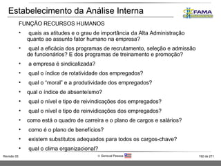 Estabelecimento da Análise Interna FUNÇÃO RECURSOS HUMANOS quais as atitudes e o grau de importância da Alta Administração quanto ao assunto fator humano na empresa? qual a eficácia dos programas de recrutamento, seleção e admissão de funcionários? E dos programas de treinamento e promoção? a empresa é sindicalizada? qual o índice de rotatividade dos empregados? qual o “moral” e a produtividade dos empregados? qual o índice de absenteísmo? qual o nível e tipo de reivindicações dos empregados? qual o nível e tipo de reinvidicações dos empregados? como está o quadro de carreira e o plano de cargos e salários? como é o plano de benefícios? existem substitutos adequados para todos os cargos-chave? qual o clima organizacional? 