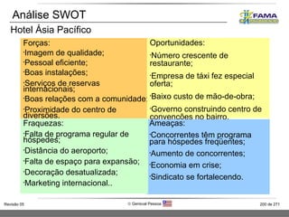 Análise SWOT  Hotel Ásia Pacífico Forças: Imagem de qualidade; Pessoal eficiente; Boas instalações; Serviços de reservas internacionais; Boas relações com a comunidade; Proximidade do centro de diversões. Oportunidades: Número crescente de restaurante; Empresa de táxi fez especial oferta; Baixo custo de mão-de-obra; Governo construindo centro de convenções no bairro. Ameaças: Concorrentes têm programa para hóspedes freqüentes; Aumento de concorrentes; Economia em crise; Sindicato se fortalecendo. Fraquezas: Falta de programa regular de  hóspedes; Distância do aeroporto; Falta de espaço para expansão; Decoração desatualizada; Marketing internacional.. 