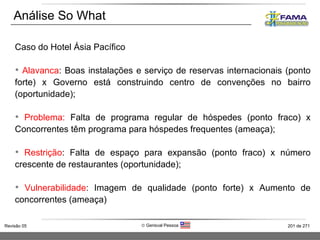 Caso do Hotel Ásia Pacífico Alavanca : Boas instalações e serviço de reservas internacionais (ponto forte) x Governo está construindo centro de convenções no bairro (oportunidade); Problema:  Falta de programa regular de hóspedes (ponto fraco) x Concorrentes têm programa para hóspedes frequentes (ameaça); Restrição : Falta de espaço para expansão (ponto fraco) x número crescente de restaurantes (oportunidade); Vulnerabilidade : Imagem de qualidade (ponto forte) x Aumento de concorrentes (ameaça) Análise So What 
