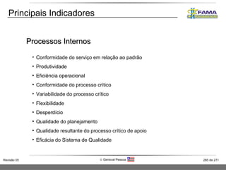 Principais Indicadores Processos Internos Conformidade do serviço em relação ao padrão Produtividade Eficiência operacional Conformidade do processo crítico Variabilidade do processo crítico Flexibilidade Desperdício Qualidade do planejamento Qualidade resultante do processo crítico de apoio Eficácia do Sistema de Qualidade 