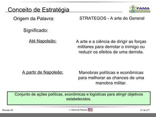 Conceito de Estratégia Origem da Palavra:   Significado: Até Napoleão: A partir de Napoleão: STRATEGOS - A arte do General A arte e a ciência de dirigir as forças militares para derrotar o inimigo ou reduzir os efeitos de uma derrota. Manobras políticas e econômicas para melhorar as chances de uma manobra militar. Conjunto de ações políticas, econômicas e logísticas para atingir objetivos estabelecidos. 