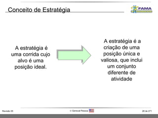 Conceito de Estratégia A estratégia é uma corrida cujo alvo é uma posição ideal. A estratégia é a criação de uma posição única e valiosa, que inclui um conjunto diferente de atividade 