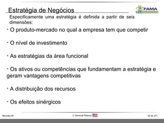 Estratégia de Negócios Especificamente uma estratégia é definida a partir de seis dimensões: O produto-mercado no qual a empresa tem que competir O nível de investimento As estratégias da área funcional Os ativos ou competências que fundamentam a estratégia e geram vantagens competitivas A distribuição dos recursos Os efeitos sinérgicos 