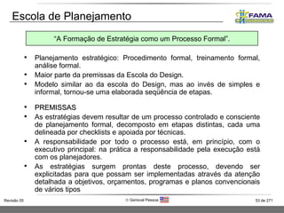 Escola de Planejamento Planejamento estratégico: Procedimento formal, treinamento formal, análise formal. Maior parte da premissas da Escola do Design. Modelo similar ao da escola do Design, mas ao invés de simples e informal, tornou-se uma elaborada seqüência de etapas. PREMISSAS As estratégias devem resultar de um processo controlado e consciente de planejamento formal, decomposto em etapas distintas, cada uma delineada por checklists e apoiada por técnicas. A responsabilidade por todo o processo está, em princípio, com o executivo principal: na prática a responsabilidade pela execução está com os planejadores. As estratégias surgem prontas deste processo, devendo ser explicitadas para que possam ser implementadas através da atenção detalhada a objetivos, orçamentos, programas e planos convencionais de vários tipos “ A Formação de Estratégia como um Processo Formal”. 