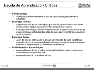 Sem Estratégia As organizações sofrem com a falta de uma estratégia claramente articulada Estratégia Perdida As pessoas deixam de lado aquilo que funciona patrocinando iniciativas simplesmente porque elas são novas ou mais interessantes. Flutuação estratégica: de forma imperceptível, a organização afasta-se de suas estratégias estabelecidas, algo de que possivelmente todos acabem se arrependendo. Estratégia Errada Além da falta de estratégias e do não-aprendizado de boas estratégias, aprender de modo incremental pode estimular o surgimento de estratégias que nunca ninguém quis ou pretendeu implementar. Cuidados com a Aprendizagem A aprendizagem tende a incluir pequenas tentativas, e por isso deve-se tomar certos cuidados com ela. A aprendizagem é cara e leva tempo. Escola de Aprendizado - Críticas 