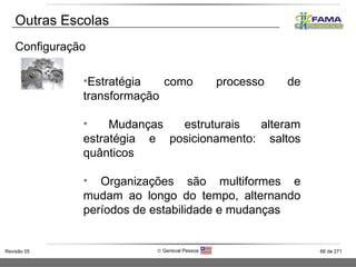 Outras Escolas Configuração Estratégia como processo de transformação Mudanças estruturais alteram estratégia e posicionamento: saltos quânticos Organizações são multiformes e mudam ao longo do tempo, alternando períodos de estabilidade e mudanças 