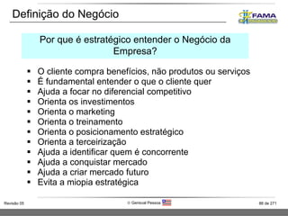 O cliente compra benefícios, não produtos ou serviços É fundamental entender o que o cliente quer Ajuda a focar no diferencial competitivo Orienta os investimentos Orienta o marketing Orienta o treinamento Orienta o posicionamento estratégico Orienta a terceirização Ajuda a identificar quem é concorrente Ajuda a conquistar mercado Ajuda a criar mercado futuro Evita a miopia estratégica Definição do Negócio Por que é estratégico entender o Negócio da Empresa? 