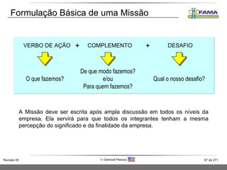Formulação Básica de uma Missão A Missão deve ser escrita após ampla discussão em todos os níveis da empresa. Ela servirá para que todos os integrantes tenham a mesma percepção do significado e da finalidade da empresa. O que fazemos? De que modo fazemos? e/ou Para quem fazemos? Qual o nosso desafio? VERBO DE AÇÃO COMPLEMENTO DESAFIO + + 