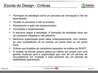 Escola do Design - Críticas <ul><li>Formação da estratégia como um processo de concepção e não de aprendizado. </li></ul><...