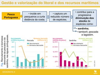 Gestão e valorização do litoral e dos recursos marítimosFig.Recrutamentoebiomassa
desovantedapescadaeda
sardinha,naságuasportuguesas.
Pesca
Portuguesa
• incide em
pesqueiros a curta
distância da costa;
• captura um
reduzido número
de espécies;
• contribui para a
progressiva
diminuição dos
stocks de
espécies como:
• sardinha;
• tamboril, pescada
e lagostim.
 