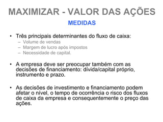 MAXIMIZAR - VALOR DAS AÇÕES
                         MEDIDAS

• Três principais determinantes do fluxo de caixa:
   – Volume de vendas
   – Margem de lucro após impostos
   – Necessidade de capital.

• A empresa deve ser preocupar também com as
  decisões de financiamento: dívida/capital próprio,
  instrumento e prazo.

• As decisões de investimento e financiamento podem
  afetar o nível, o tempo de ocorrência o risco dos fluxos
  de caixa da empresa e consequentemente o preço das
  ações.
 