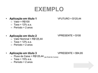 EXEMPLO
• Aplicação em título 1                           VFUTURO = $125,44
   – Valor = R$100
   – Taxa = 12% a.a.
   – Período = 2 anos


• Aplicação em título 2                           VPRESENTE = $100
   – Valor Nominal = R$125,44
   – Taxa = 12% a.a.
   – Período = 2 anos


• Aplicação em título 3                           VPRESENTE = $94,85
   – Fluxo de Caixa = R$125,44 (ao final do 2 anos)
   – Taxa = 15% a.a.
   – Período = 2 anos
 
