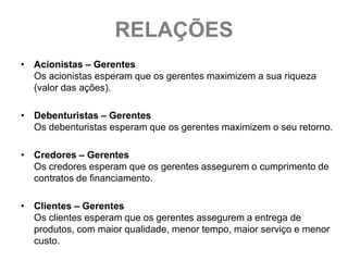 RELAÇÕES
• Acionistas – Gerentes
  Os acionistas esperam que os gerentes maximizem a sua riqueza
  (valor das ações).

• Debenturistas – Gerentes
  Os debenturistas esperam que os gerentes maximizem o seu retorno.

• Credores – Gerentes
  Os credores esperam que os gerentes assegurem o cumprimento de
  contratos de financiamento.

• Clientes – Gerentes
  Os clientes esperam que os gerentes assegurem a entrega de
  produtos, com maior qualidade, menor tempo, maior serviço e menor
  custo.
 