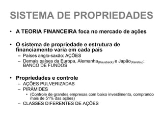 SISTEMA DE PROPRIEDADES
• A TEORIA FINANCEIRA foca no mercado de ações

• O sistema de propriedade e estrutura de
  financiamento varia em cada país
   – Países anglo-saxão: AÇÕES
   – Demais países da Europa, Alemanha(Hausback) e Japão(Keretsu):
     BANCO DE FUNDOS

• Propriedades e controle
   – AÇÕES PULVERIZADAS
   – PIRÂMIDES
       • (Controle de grandes empresas com baixo investimento, comprando
         mais de 51% das ações)
   – CLASSES DIFERENTES DE AÇÕES
 