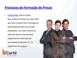 Processos de Formação de Preços
• Custos Fixos: são os custos
que, embora tenham um valor total
que não se altera com a variação da
quantidade de bens ou serviços
produzidos, seu valor unitário se
altera de forma inversamente
proporcional à alteração da
quantidade produzida. Ex.: O
pagamento de aluguel.
 