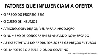 FATORES QUE INFLUENCIAM A OFERTA
• O PREÇO DO PRÓPRIO BEM
• O CUSTO DE INSUMOS
• A TECNOLOGIA DISPONÍVEL PARA A PRODUÇÃO
• O NÚMERO DE CONCORRENTES ATUANDO NO MERCADO
• AS EXPECTATIVAS DO PRODUTOR SOBRE OS PREÇOS FUTUROS
• OS IMPOSTOS OU SUBSÍDIOS DO GOVERNO
Prof. Eliseu Fortolan │ CRC 1SP 296.980
 