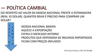 DIZ RESPEITO AO VALOR DA MOEDA NACIONAL FRENTE A ESTRANGEIRA
(REAL VS DOLAR). QUANTOS REAIS É PRECISO PARA COMPRAR UM
DOLAR?
MOEDA NACIONAL BARATA
AQUECE A EXPORTAÇÃO
ESFRIA O MERCADO INTERNO
PRODUTOS QUE DEPENDEM DE INSUMOS IMPORTADOS
FICAM COM PREÇOS INFLADOS
Prof. Eliseu Fortolan │ CRC 1SP 296.980
T
A
X
A
D
E
C
Â
M
B
I
O
 