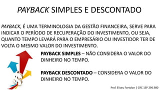 PAYBACK SIMPLES E DESCONTADO
PAYBACK, É UMA TERMINOLOGIA DA GESTÃO FINANCEIRA, SERVE PARA
INDICAR O PERÍODO DE RECUPERAÇÃO DO INVESTIMENTO, OU SEJA,
QUANTO TEMPO LEVARÁ PARA O EMPRESÁRIO OU INVESTIDOR TER DE
VOLTA O MESMO VALOR DO INVESTIMENTO.
PAYBACK SIMPLES – NÃO CONSIDERA O VALOR DO
DINHEIRO NO TEMPO.
PAYBACK DESCONTADO – CONSIDERA O VALOR DO
DINHEIRO NO TEMPO.
Prof. Eliseu Fortolan │ CRC 1SP 296.980
 