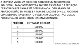 A EMPRESA VGSUL S/A PRETENDE ADQUIRIR UM NOVO PARQUE
INDUSTRIAL, PARA TANTO DEVERÁ INVESTIR R$ 500 MIL E A PROJEÇÃO
DE ENTRADAS DE CAIXA ESTÁ DESCRIMINADA LOGO ABAIXO. OS
PERÍODOS ESTÃO EM MESES E A TAXA DE JUROS DE 24% a.a. PODEMOS
CONSIDERAR O INVESTIMENTO VIÁVEL? EM CASO POSITIVO, QUAL O
PERCENTUAL DE LUCRO SOBRE ESSE INVESTIMENTO?
PERÍODO ENTRADAS DE CAIXA
1 120.000
2 130.000
3 140.000
4 150.000
5 160.000
Prof. Eliseu Fortolan │ CRC 1SP 296.980
 