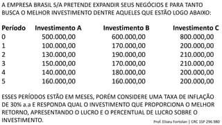 A EMPRESA BRASIL S/A PRETENDE EXPANDIR SEUS NEGÓCIOS E PARA TANTO
BUSCA O MELHOR INVESTIMENTO DENTRE AQUELES QUE ESTÃO LOGO ABAIXO:
Período Investimento A Investimento B Investimento C
0 500.000,00 600.000,00 800.000,00
1 100.000,00 170.000,00 200.000,00
2 130.000,00 190.000,00 210.000,00
3 150.000,00 170.000,00 210.000,00
4 140.000,00 180.000,00 200.000,00
5 160.000,00 160.000,00 200.000,00
ESSES PERÍODOS ESTÃO EM MESES, PORÉM CONSIDERE UMA TAXA DE INFLAÇÃO
DE 30% a.a E RESPONDA QUAL O INVESTIMENTO QUE PROPORCIONA O MELHOR
RETORNO, APRESENTANDO O LUCRO E O PERCENTUAL DE LUCRO SOBRE O
INVESTIMENTO. Prof. Eliseu Fortolan │ CRC 1SP 296.980
 