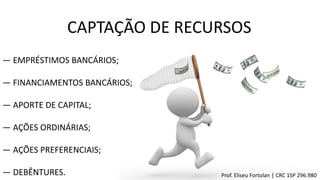 CAPTAÇÃO DE RECURSOS
― EMPRÉSTIMOS BANCÁRIOS;
― FINANCIAMENTOS BANCÁRIOS;
― APORTE DE CAPITAL;
― AÇÕES ORDINÁRIAS;
― AÇÕES PREFERENCIAIS;
― DEBÊNTURES. Prof. Eliseu Fortolan │ CRC 1SP 296.980
 