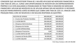 CONSIDERE QUE UM INVESTIDOR TENHA R$ 1 MILHÃO APLICADO NO MERCADO FINANCEIRO A
UMA TAXA DE 20% A.A. SURGE UMA OPORTUNIDADE DE INVESTIR EM UM EMPREENDIMENTO
PRÓPRIO E ELE ESTÁ AVALIANDO A POSSIBILIDADE DE TIRAR TODO O DINHEIRO DO MERCADO
FINANCEIRO E APLICAR NO NEGÓCIOS OU DE APLICAR APENAS 50% NO NEGÓCIO E O RESTANTE
BUSCAR FINANCIAMENTOS JUNTO AO BNDES QUE COBRA UMA TAXA DE 15% A.A. ANALISE UMA
PROJEÇÃO PARA A DRE DO NEGÓCIOS E EM SEGUIDA RESPONDA AS QUESTÕES:
RECEITAS DE VENDAS 800.000,00 800.000,00
( - ) Custos dos Produtos Vendidos 300.000,00 300.000,00
( = ) LUCRO BRUTO 500.000,00 500.000,00
( - ) Despesas Administrativas 100.000,00 100.000,00
( - ) Despesas de Vendas 80.000,00 80.000,00
( = ) LUCRO OPERACIONAL 320.000,00 320.000,00
( - ) Despesas Financeiras 0,00 75.000,00
( = ) LUCRO ANTES DO IRPJ 320.000,00 245.000,00
( - ) Imposto de Renda (30%) 96.000,00 73.500,00
( = ) LUCRO LÍQUIDO 224.000,00 171.500,00
Prof. Eliseu Fortolan │ CRC 1SP 296.980
 