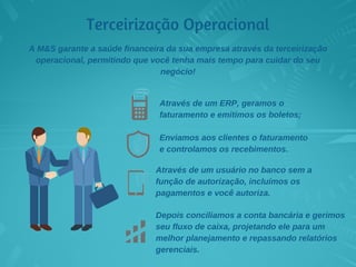 Terceirização Operacional
A M&S garante a saúde financeira da sua empresa através da terceirização
operacional, permitindo que você tenha mais tempo para cuidar do seu
negócio!
Através de um ERP, geramos o
faturamento e emitimos os boletos;
Enviamos aos clientes o faturamento
e controlamos os recebimentos.
Através de um usuário no banco sem a
função de autorização, incluímos os
pagamentos e você autoriza.
Depois conciliamos a conta bancária e gerimos
seu fluxo de caixa, projetando ele para um
melhor planejamento e repassando relatórios
gerenciais.
 
