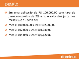 EXEMPLO
Em uma aplicação de R$ 100.000,00 com taxa de
juros compostos de 2% a.m. o valor dos juros nos
meses 1, 2 e 3 seria de:
Mês 1: 100.000,00 x 2% = 102.000,00
Mês 2: 102.000 x 2% = 104.040,00
Mês 3: 104.040 x 2% = 106.120,80
 