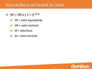EQUIVALÊNCIA DE FLUXOS DE CAIXA
VE = VN x ( 1 + i) df-dc
VE = valor equivalente
VN = valor nominal
df = data focal
dc = data corrente
 