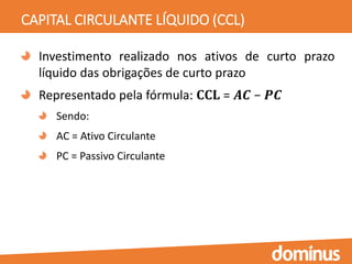 CAPITAL CIRCULANTE LÍQUIDO (CCL)
Investimento realizado nos ativos de curto prazo
líquido das obrigações de curto prazo
Representado pela fórmula: 𝐂𝐂𝐋 = 𝑨𝑪 − 𝑷𝑪
Sendo:
AC = Ativo Circulante
PC = Passivo Circulante
 