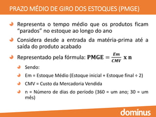 PRAZO MÉDIO DE GIRO DOS ESTOQUES (PMGE)
Representa o tempo médio que os produtos ficam
“parados” no estoque ao longo do ano
Considera desde a entrada da matéria-prima até a
saída do produto acabado
Representado pela fórmula: 𝐏𝐌𝐆𝐄 =
𝑬𝒎
𝑪𝑴𝑽
𝐱 𝐧
Sendo:
Em = Estoque Médio (Estoque inicial + Estoque final ÷ 2)
CMV = Custo da Mercadoria Vendida
n = Número de dias do período (360 = um ano; 30 = um
mês)
 