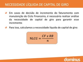 NECESSIDADE LÍQUIDA DE CAPITAL DE GIRO
Em casos de decisão de incremento do faturamento com
manutenção do Ciclo Financeiro, é necessário realizar análise
da necessidade de capital de giro para garantir esse
incremento
Para isso, calculamos a necessidade líquida de capital de giro:
N𝐿𝐶𝐺 =
𝐶𝐹 𝑥 𝑅𝐵
𝑛
 