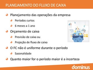 PLANEJAMENTO DO FLUXO DE CAIXA
Planejamento das operações da empresa
Períodos curtos
6 meses a 1 ano
Orçamento de caixa
Previsão de caixa ou
Projeção de fluxo de caixa
O FC não é uniforme durante o período
Sazonalidade
Quanto maior for o período maior é a incerteza
 