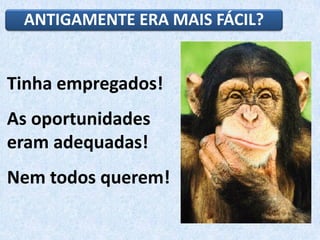 ANTIGAMENTE ERA MAIS FÁCIL?
Tinha empregados!
As oportunidades
eram adequadas!
Nem todos querem!
 