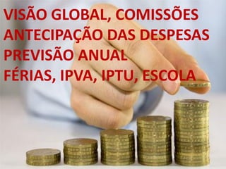 VISÃO GLOBAL, COMISSÕES
ANTECIPAÇÃO DAS DESPESAS
PREVISÃO ANUAL
FÉRIAS, IPVA, IPTU, ESCOLA
 