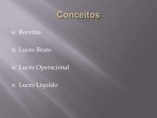    Receitas

   Lucro Bruto

   Lucro Operacional

   Lucro Líquido
 