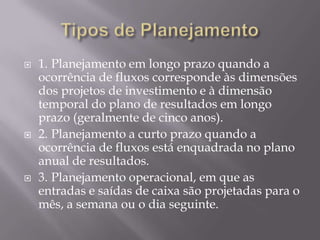    1. Planejamento em longo prazo quando a
    ocorrência de fluxos corresponde às dimensões
    dos projetos de investimento e à dimensão
    temporal do plano de resultados em longo
    prazo (geralmente de cinco anos).
   2. Planejamento a curto prazo quando a
    ocorrência de fluxos está enquadrada no plano
    anual de resultados.
   3. Planejamento operacional, em que as
    entradas e saídas de caixa são projetadas para o
    mês, a semana ou o dia seguinte.
 