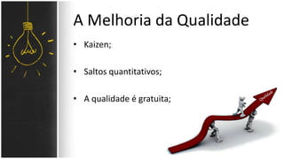 A Melhoria da Qualidade 
• Kaizen; 
• Saltos quantitativos; 
• A qualidade é gratuita; 
 