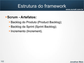102 Jonathan Maia
www.eunati.com.br
Estrutura do framework
➔ Scrum - Artefatos:
➔ Backlog do Produto (Product Backlog);
➔ Backlog da Sprint (Sprint Backlog);
➔ Incremento (Increment).
 