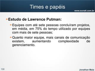 130 Jonathan Maia
www.eunati.com.br
Times e papéis
➔ Estudo de Lawrence Putman:
➔ Equipes com até sete pessoas concluíram projetos,
em média, em 75% do tempo utilizado por equipes
com mais de sete pessoas;
➔ Quanto maior equipe, mais canais de comunicação
existem, aumentando complexidade de
gerenciamento.
 