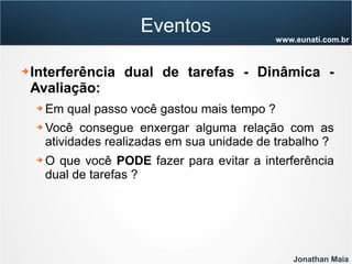 Jonathan Maia
www.eunati.com.br
Eventos
➔ Interferência dual de tarefas - Dinâmica -
Avaliação:
➔ Em qual passo você gastou mais tempo ?
➔ Você consegue enxergar alguma relação com as
atividades realizadas em sua unidade de trabalho ?
➔ O que você PODE fazer para evitar a interferência
dual de tarefas ?
 