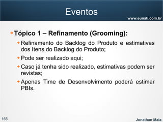 165 Jonathan Maia
www.eunati.com.br
Eventos
➔ Tópico 1 – Refinamento (Grooming):
➔ Refinamento do Backlog do Produto e estimativas
dos Itens do Backlog do Produto;
➔ Pode ser realizado aqui;
➔ Caso já tenha sido realizado, estimativas podem ser
revistas;
➔ Apenas Time de Desenvolvimento poderá estimar
PBIs.
 
